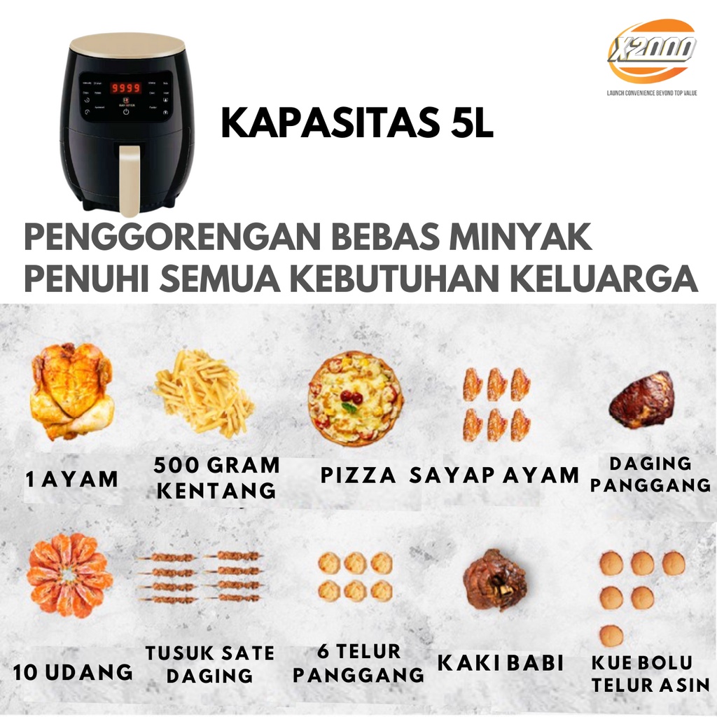 Air fryer 5L mesin penggoreng tanpa minya 1200watt kecepatan super super anti lengket bantu masak semua jenis masakan yang kamu suka