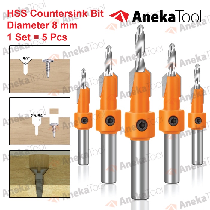 Mata Bor Kayu Pelubang Drat Baut Bit Router 8 mm 5 PCS HSS Countersink