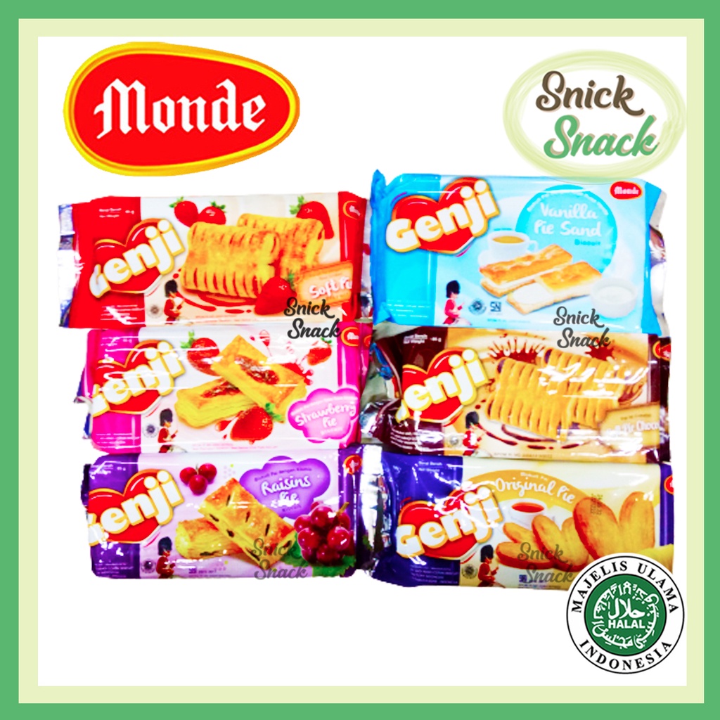 

Monde Biskuit Pai Genji Pie Original Soft Pie Choco Vanilla Strawberry Raisins Kismis Coklat Strober