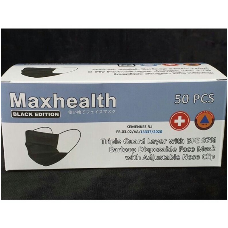 Black Earloop Maxhealth Masker 3ply Earloop Disposable Mask All Hitam