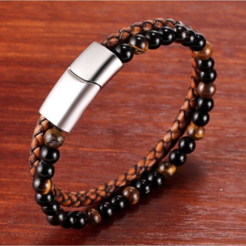 2022 Gelang Tangan Kulit Tumpuk Kepang Aksen Batu Turquoise Untuk Pria