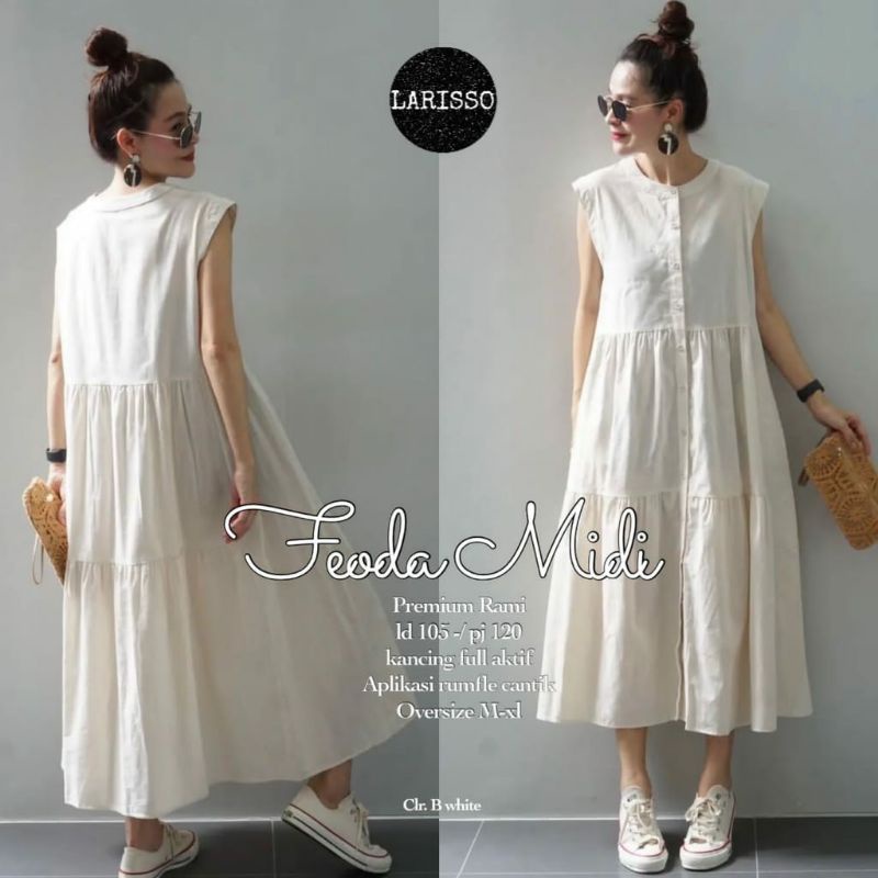 Feoda midi dress katun linen tanpa lengan ruffle susun ld 105 xl