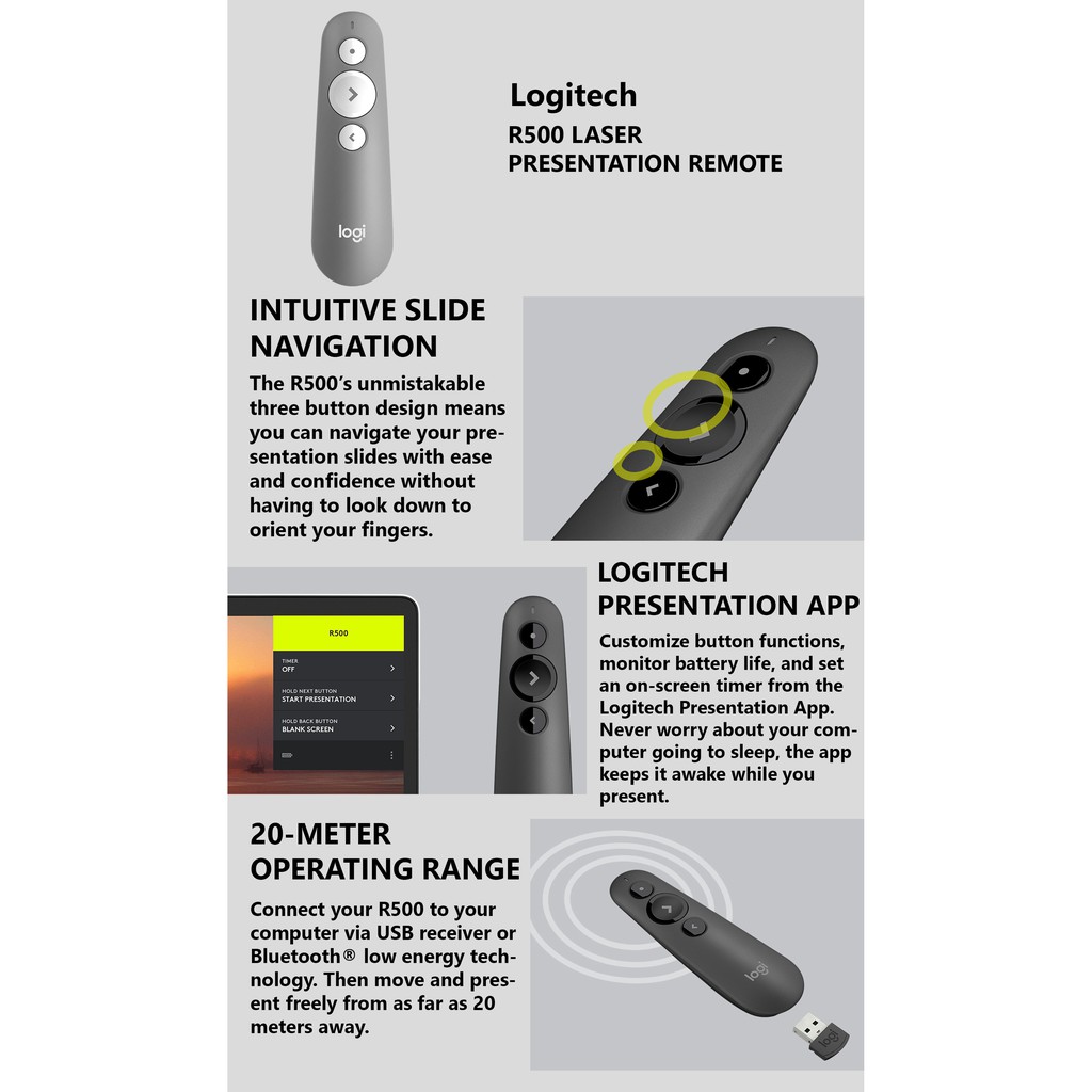 Laser presentation logitech R500 remote red - Wireless presenter R 500 - Laser pointer R500 logitech