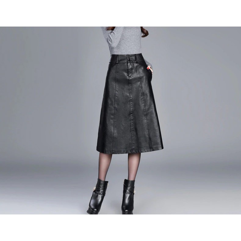 SALE ROK KULIT WANITA LEATHER WARNA HITAM MODEL A LINE PREMIUM