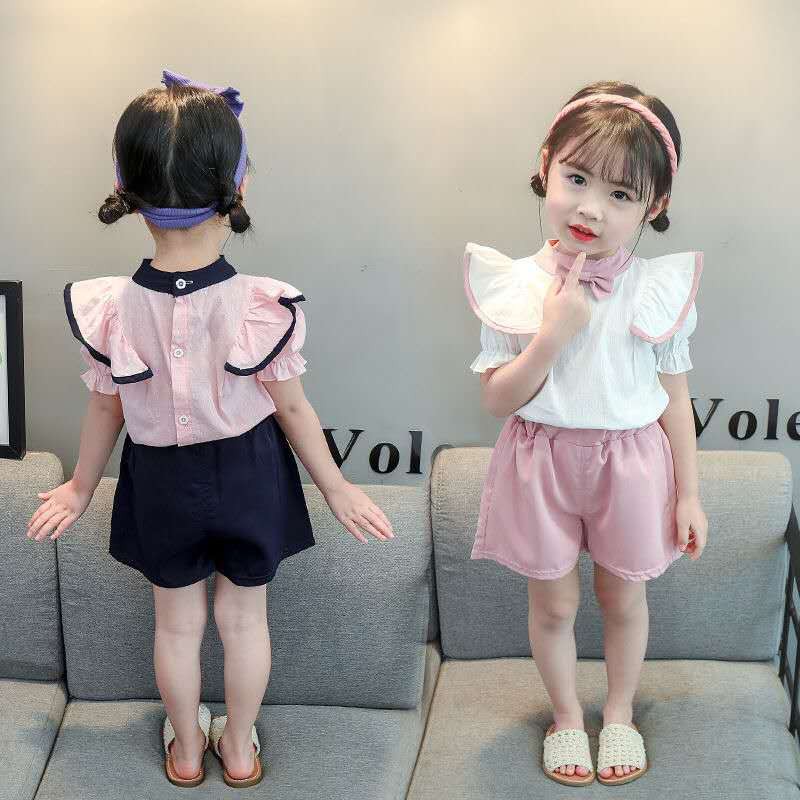 KF Cat Baju setelan anak perempuan korea style polos kemeja+celana pendek set leher bulat kancing belakang-1