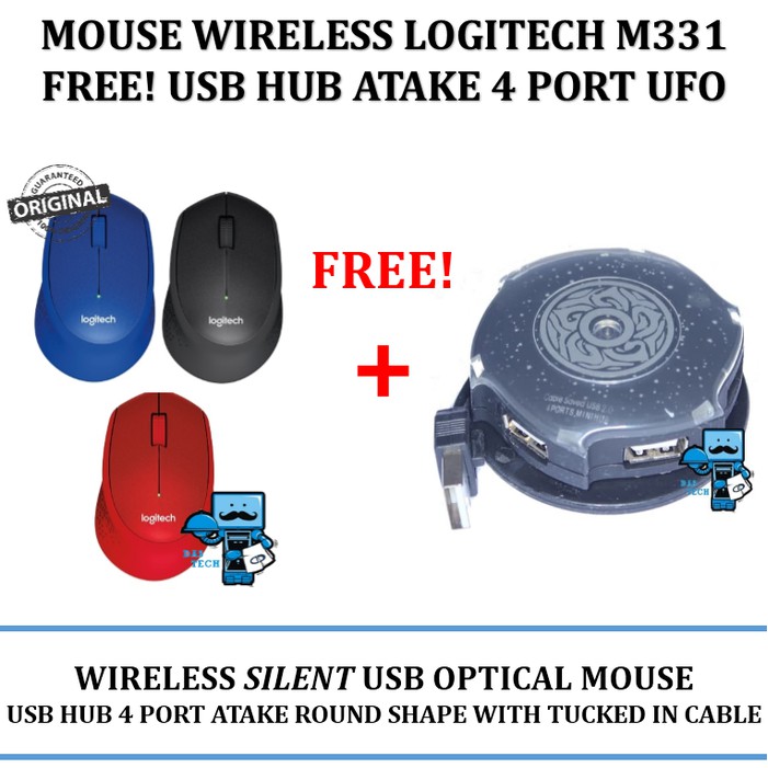 Mouse Wireless Logitech M331 Silent FREE Usb Hub Atake 4 Port UFO