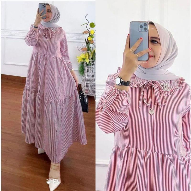 Tyara Midi Dress Motif Salur Bahan Katun