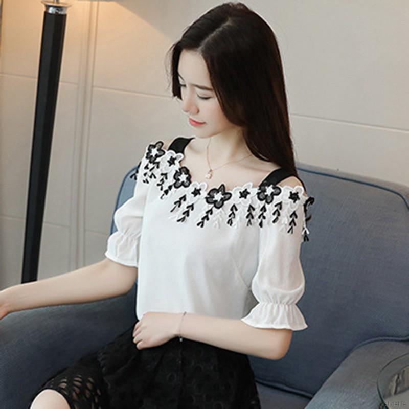 Blus Wanita Model  Off Shoulder Lengan Pendek  dengan Bahan 