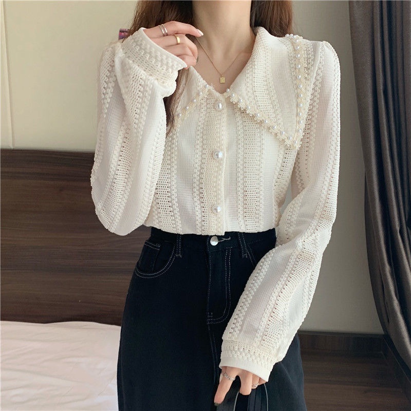 Blus Korea Wanita Potongan Longgar Lengan Panjang Puff Bahan Shifon Model Renda blouse wanita korea atasan wanita-blus mutiara aprikot