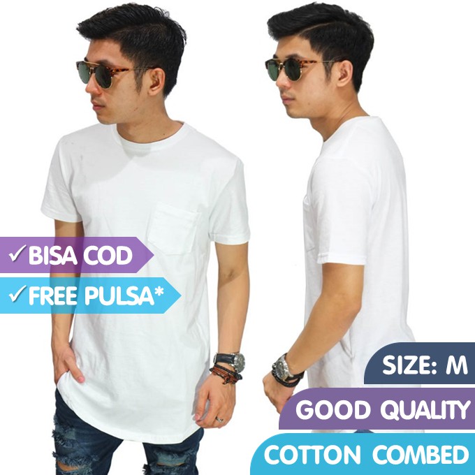 Kaos Polos Pria Model Longline - Overlong T-Shirt Lengan Pendek Putih Cotton Combed Good Quality