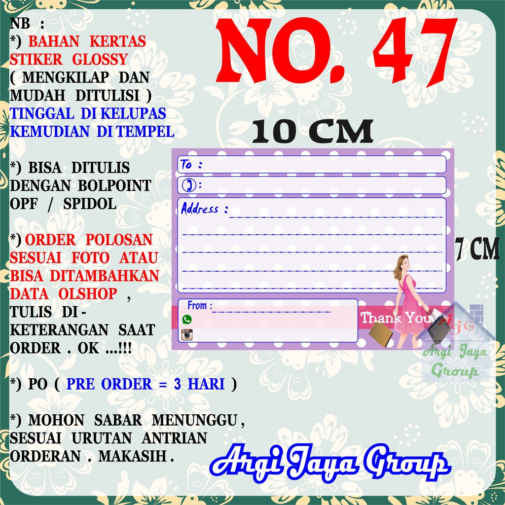 

Stiker Pengiriman - Sticker Alamat Olshop Murah Nomer 47 - 10x7 cm - Glossy