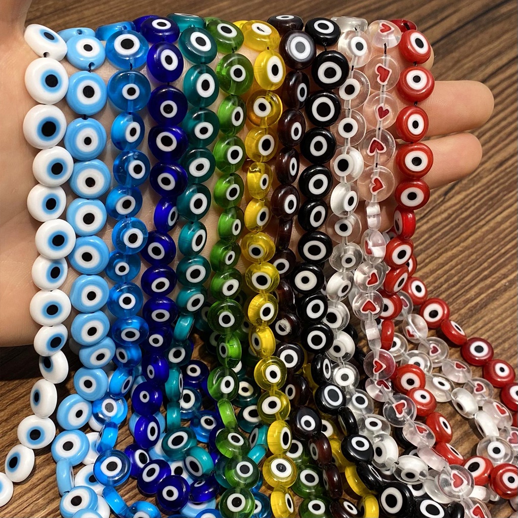 38-60 Pcs 6 8 10 Mm Bulat Datar Evil Eye Beads Lampwork Glazed Multicolor Glass Beads untuk Gelang Kalung DIY Membuat Perhiasan 35 Cm