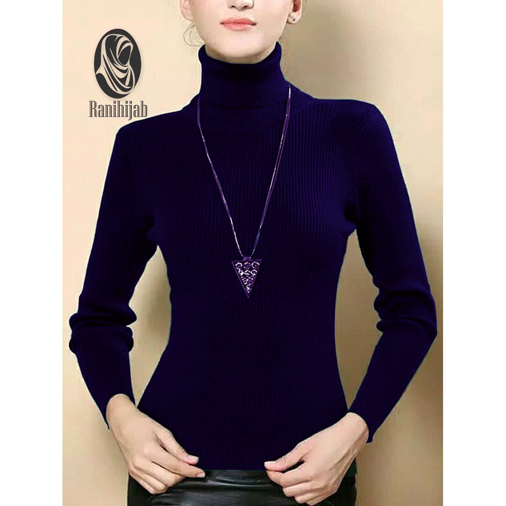 Sweater rajut wanita korea style RH - atasan rajut wanita - baju rajut wanita lengan panjang kerah tinggi motif salur turtleneck