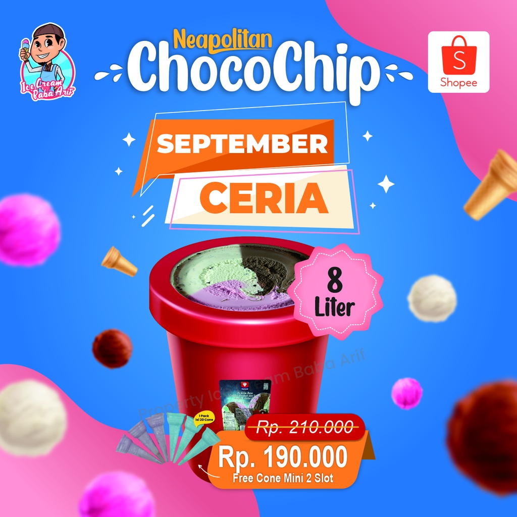

Es Krim Ember/Ice Cream Diamond 8 Ltr/NEOPOLITAN CHOCOCHIP/Es Krim Hajatan/Es krim pesta