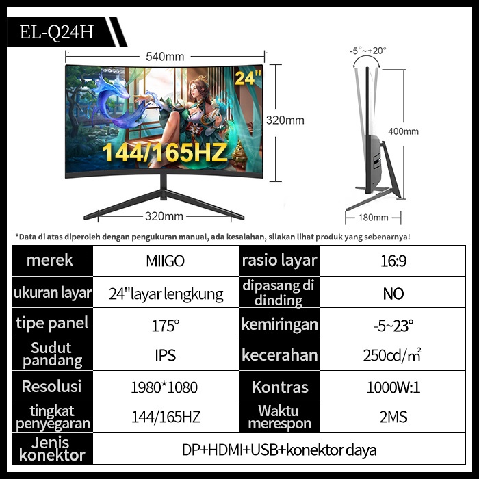 24-inci 144Hz monitor komputer LCD, desktop kantor, gaming, 1080P, layar tanpa batas dengan resolusi-hitam-24'144/165HZ
