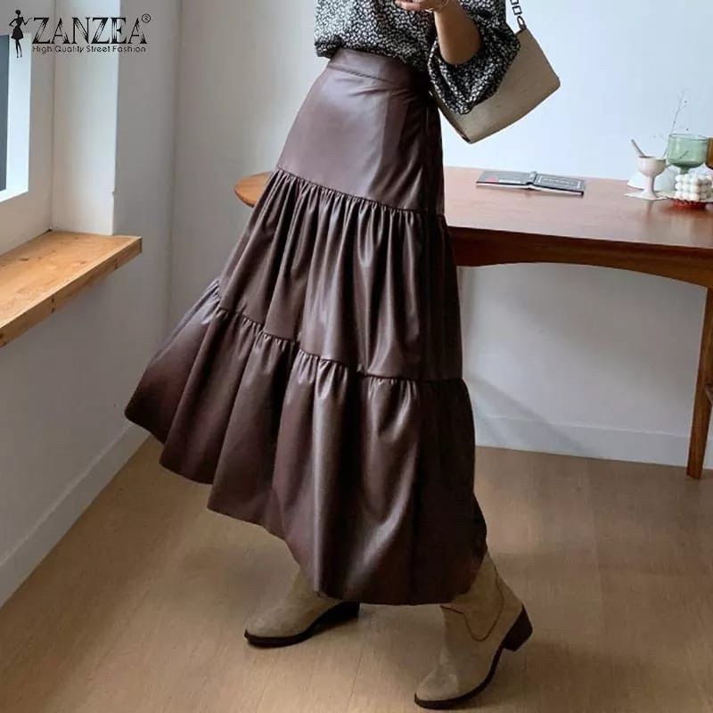 Hanifoleather.id Rok Kulit Wanita Panjang 3Susun Highwaist Rok kulit Maxi Rok kulit Wanita