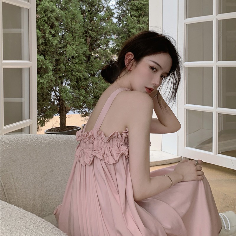 gaun gaya korea halter neck one-shoulder tube top jahitan gaun tepi jamur kecil pink mid-length skir