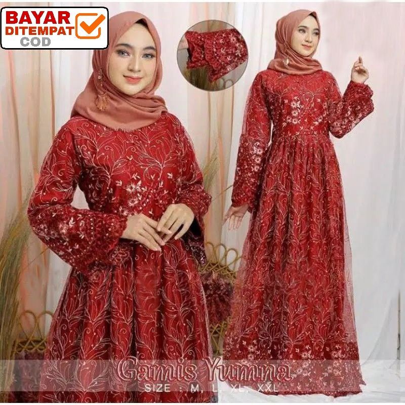 Size L XL XXL / Gamis Pesta / Gamis Jumbo / Maxi Dress / Gamis Tile / Gamis Maxi Brokat Yumna