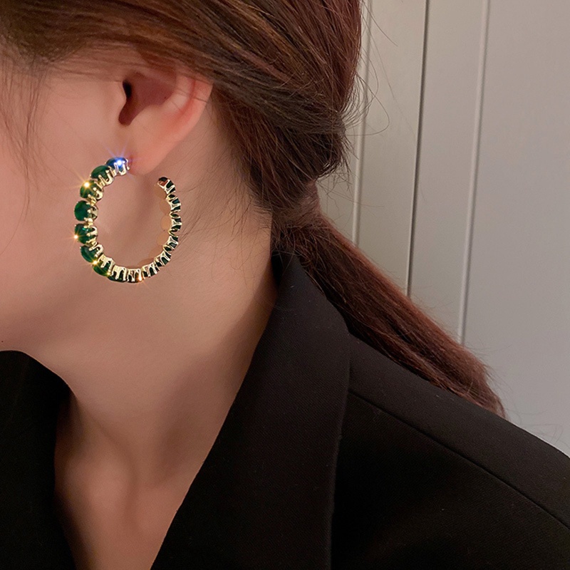 Anting Tusuk Silver 925 Bentuk C Hias Zircon Hijau Untuk Wanita