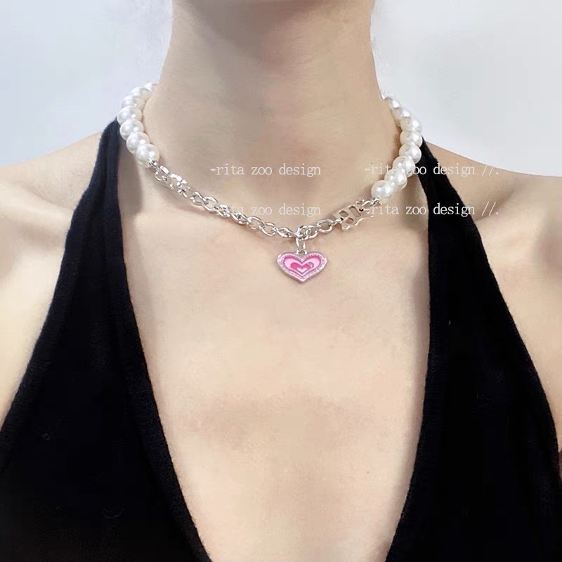 YEEZII Set Kalung Gelang Rantai Liontin Hati Mutiara Warna Silver Untuk Wanita