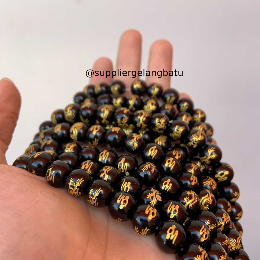 renceng batu hitam naga bead black gold 10mm kalung gelang dragon bead