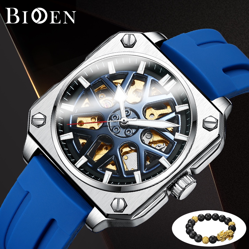 BIDEN Jam Tangan Pria Mode Mewah Jam Mekanik Tahan Air Tali Silikon Jam tangan Mekanik