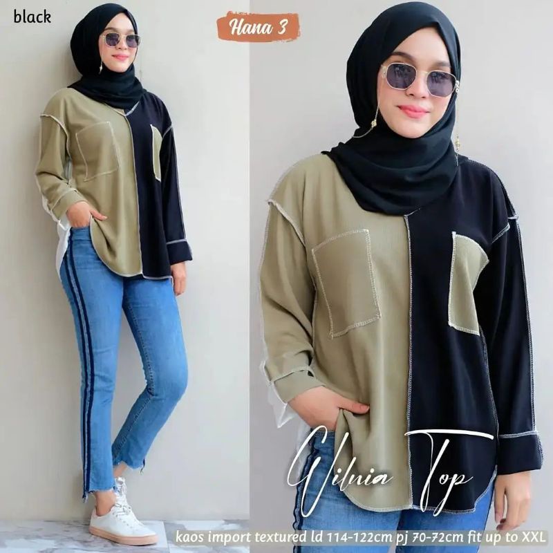 [Cod] Baju Blouse Wanita Atasan Terbaru Wilnia Top Matt Scuba Blus Wanita kekinian Murah Fashion Wanita Korean Style Atasan Lengan Panjang Terbaru Atasan Blouse Scuba Atasan Remaja-Hitam
