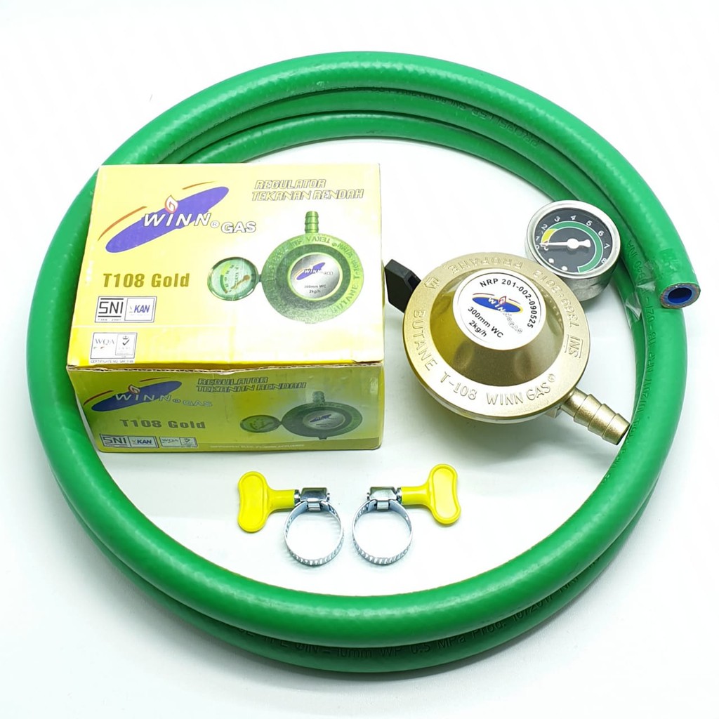 SET Winn Gas T-108M Gold Meter + Selang HIJAU 5 Lapis 2 Mtr + 2 Klem Kuping / Regulator Gas + Selang