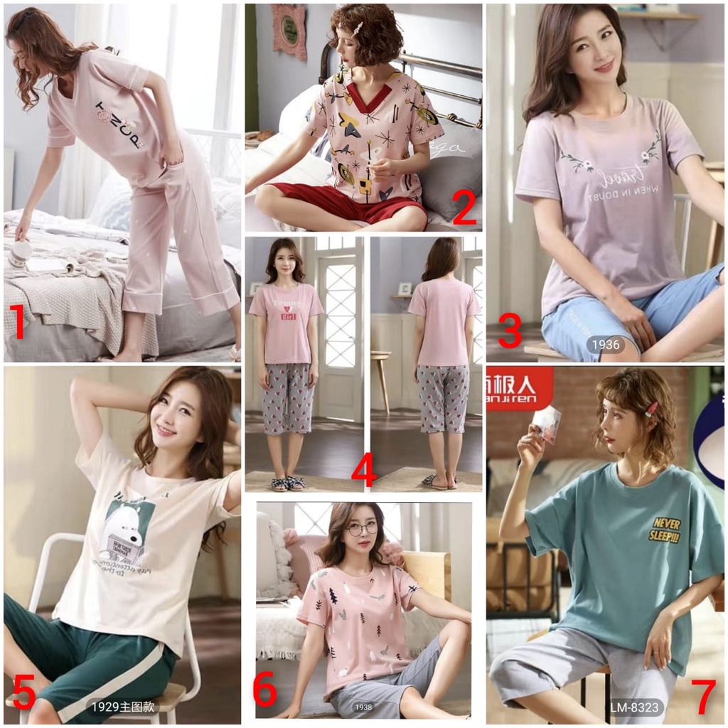 baju tidur piyama wanita bahan kaos import lengan pendek celana tujuh perdelapan