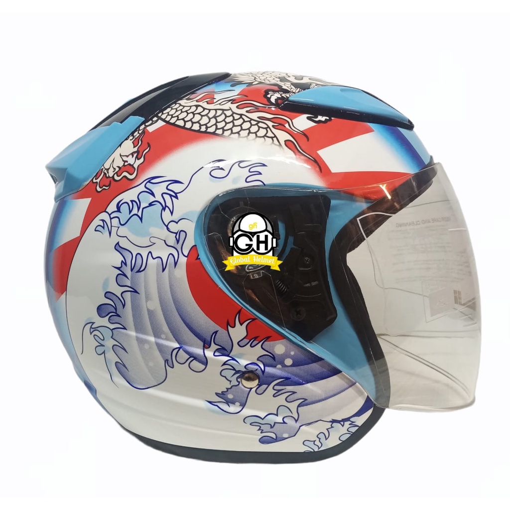 HELM NVR R-26 DRAGON KOI BLUE HALF FACE SINGLE VISOR HELM MURAH SNI HELM DEWASA DJMARU GALAXY R6 R1