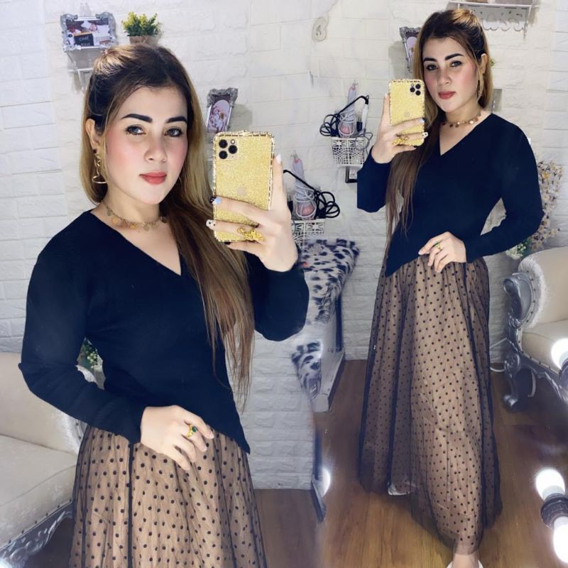 gamis rajut premium kombinasi tile jatuh