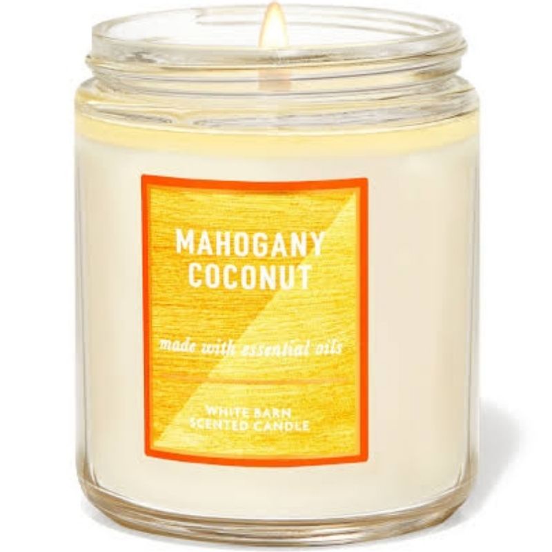 BATH &amp; BODY WORKS BBW MAHOGANY COCONUT MADE WITH ESSENTIAL OILS WHITE BARN 1 SINGLE WICK SCENTED CANDLE 198 G PENGHARUM RUANGAN