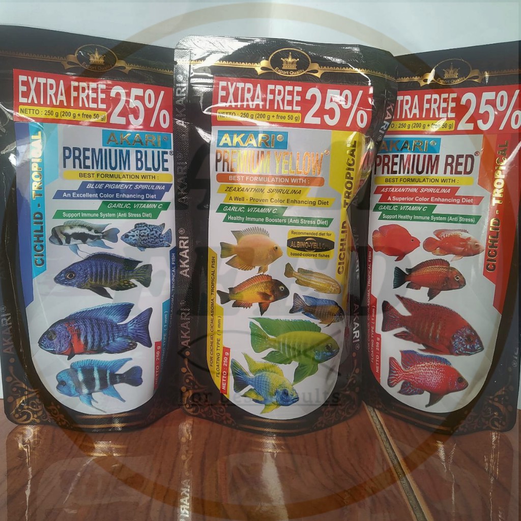 Akari Premium Red Blue Yellow Cichlid Repack 10g 25g  Pakan Pelet Ikan Hias Channa Parrot Oscar Ori 