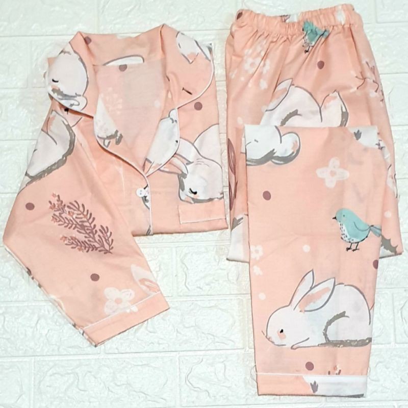 Baju tidur wanita piyama PP bahan soft katun adem lembut all size-Rabbit orange