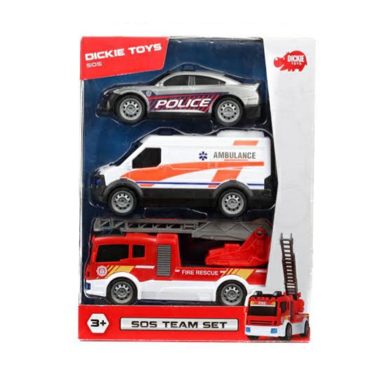 Kidz Station Dickie Toys SOS Team Set Police Car Ambulance Fire Truck 3pc Car / Mobil Pemadam Polisi