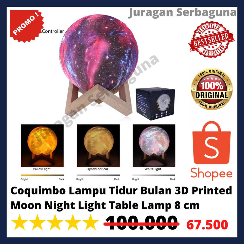 Coquimbo Lampu Tidur Bulan 3D Printed Moon Night Light Table Lamp 8 cm