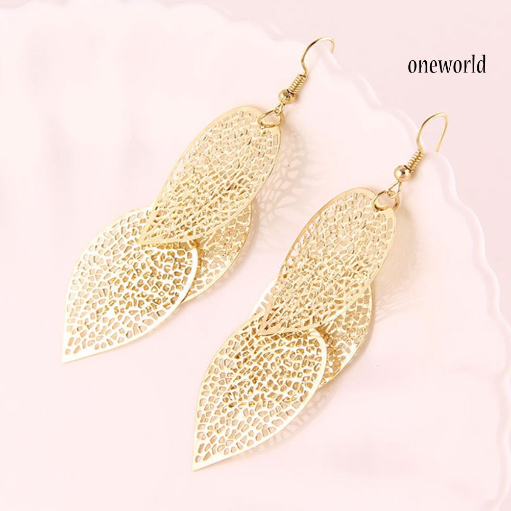 OW@ Fashion Women Hollow Leaf Shaped Drop Dangle Hook Earrings Party Jewelry Gifts