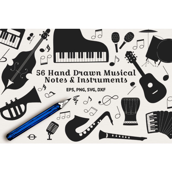 56 Hand Drawn Musical Instruments Music Notes