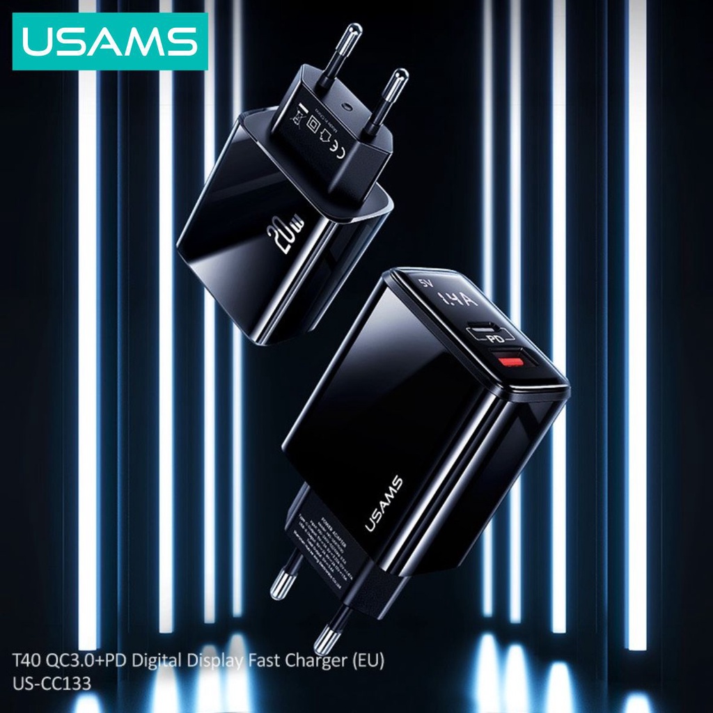 USAMS T40 Adaptor Kepala Charger Fast Charge Digital Display QC3.0 PD 20W