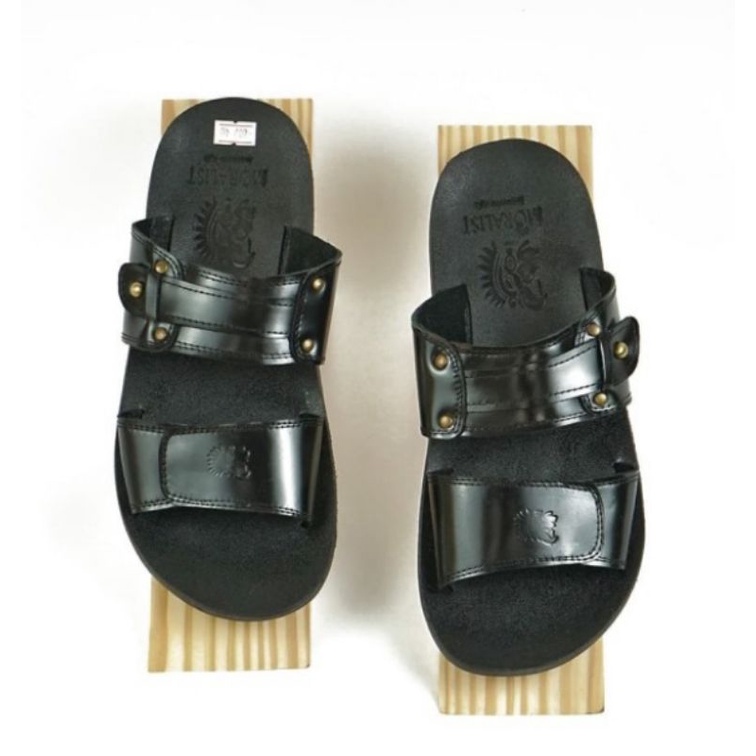 Premium Sandal Pria Kulit Asli Bandung Cibaduyut Sendal Slop Moralist Berkualitas SDL602 Hitam