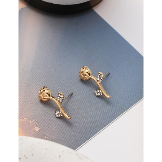 LRC Anting Tusuk Fashion Golden Rose Flower Diamond Stud Earrings K44520