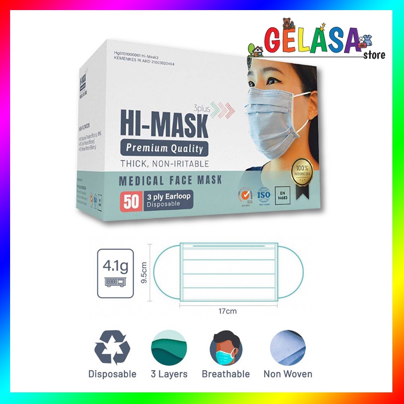 Gelasa Hi Mask Surgical Masker / Masker Medis Headloop &amp; Earloop isi 50pcs