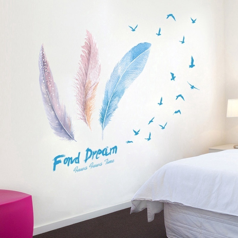 Romantic Colorful Feather Wall Stickers for Living Room Bedroom Decoration