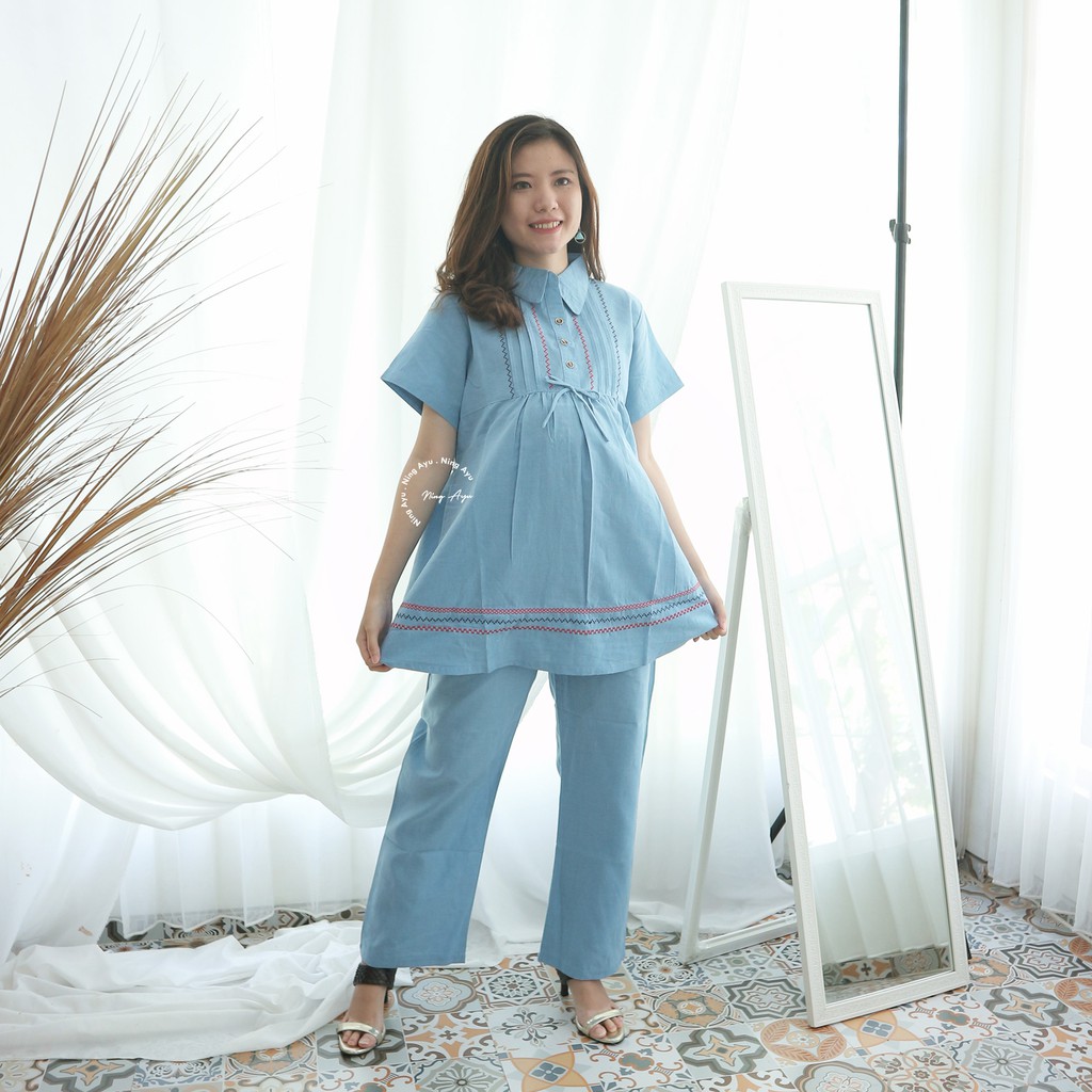 NINGAYU Baju Hamil Menyusui Rumahan Kerja Kekinian Terbaru Modern Katun Casual Modis Bella Set - STD