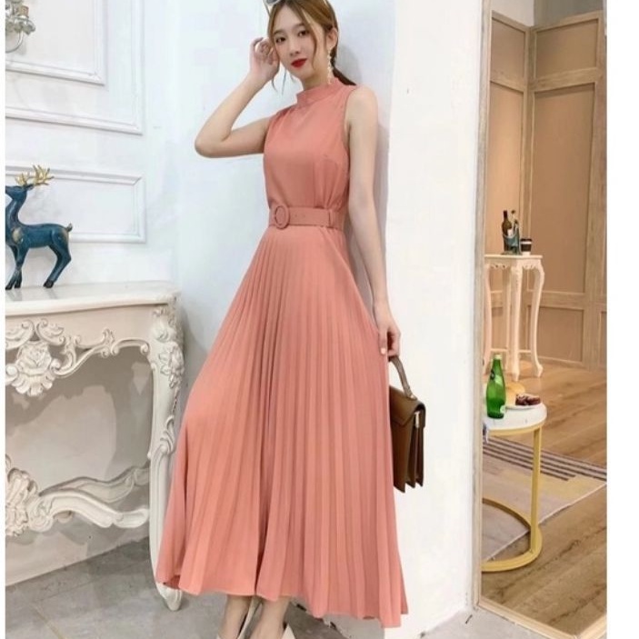 9093 Fashion Baju Maxi Dress dres plisket kerah helter polos import impor wanita terbaru Fashion Baj