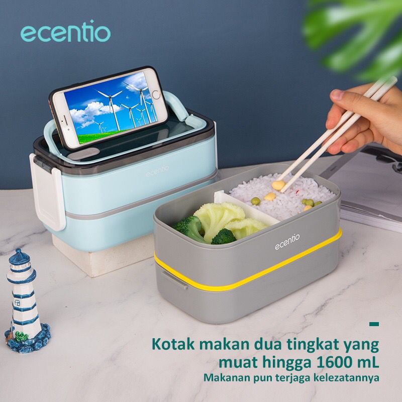 Ecentio Abu-abu 1600ml portabel Double-Layers Lunch Box kotak Makan Tahan bocor tempat makan