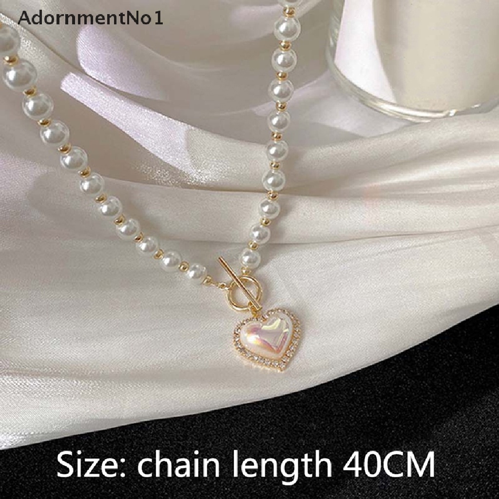 (AdornmentNo1) Kalung Rantai Dengan Liontin Hati + Mutiara + Berlian Imitasi Elegan Gaya Korea Untuk Wanita