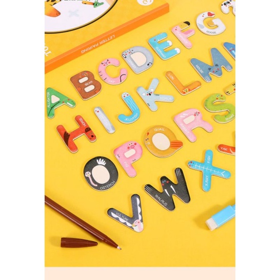 Mainan Edukasi Buku kayu Magnet Puzzle Montessori Mengenal Huruf ABC WOODEN TOYS PAIRING MAGNETIC ALPHABET WIPE CLEAN Kids Toy Magnetic 3D Puzzle Jigsaw Cartoon Animal 26 Letter match Wooden puzzle Educational toys for Children