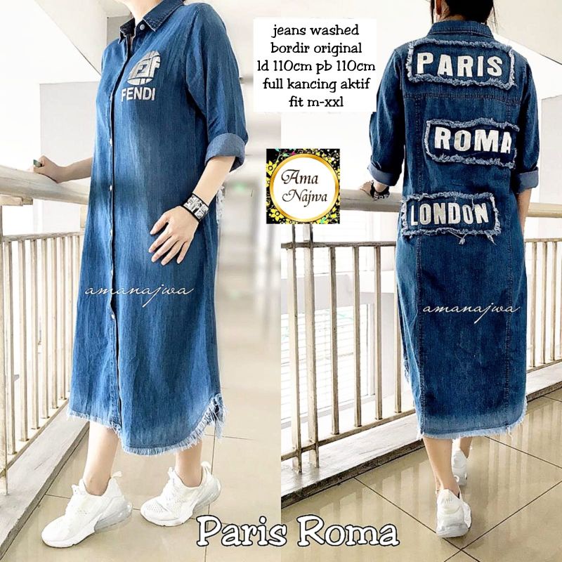 Paris Roma Long Tunik Polos Jeans Bordir Asli Ld 110 Jumbo Fit XXL Busui Kancing Aktif By Amj