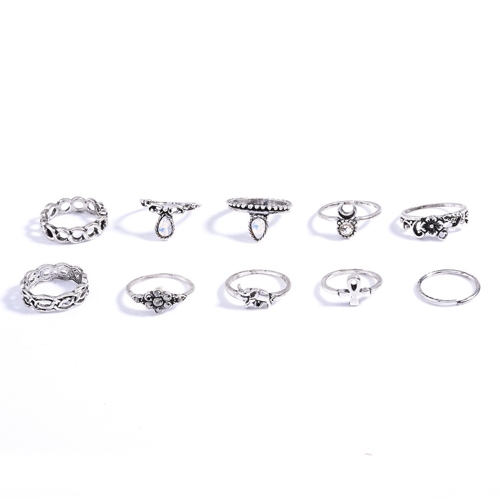 COD 10 pcs Eropa dan Amerika retro tekstur diukir cincin fashion batu permata bunga rami E07